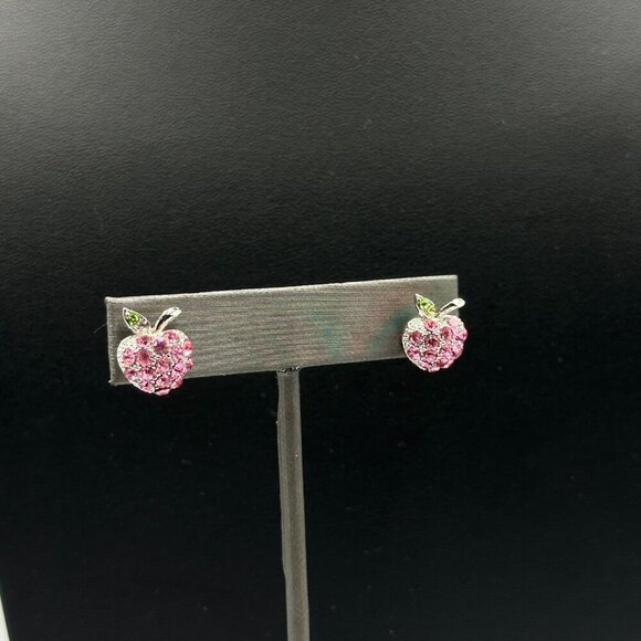 3/$30 Apple Stud Earrings Silver Pierced Pink Rhinestones Small Dainty Fruit - Picture 5 of 10
